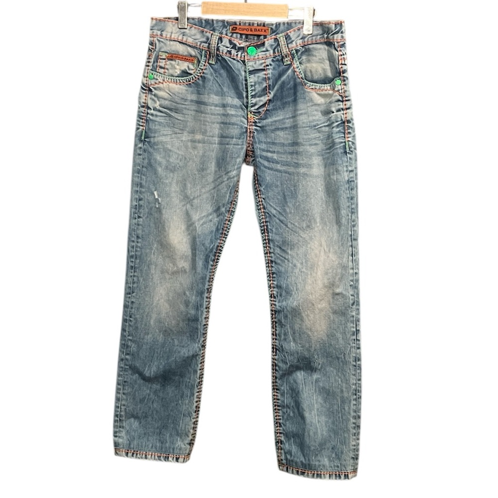 Cipo & Baxx Jeans Light Wash Distressed Embroidered Seams Men’s Size 33 Straight